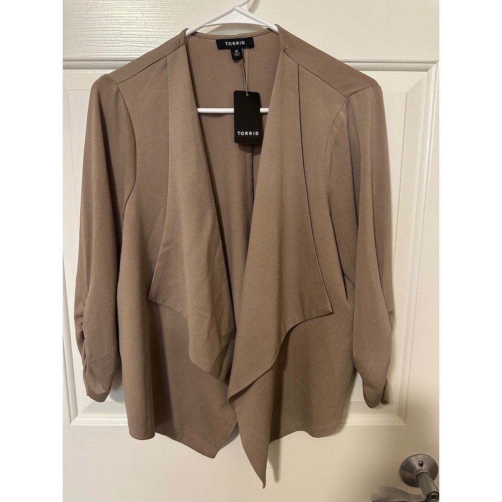 Torrid Blazer Women 0 Brown Drape Front Ruched 3/4 Sleeve Crepe Open Cardigan